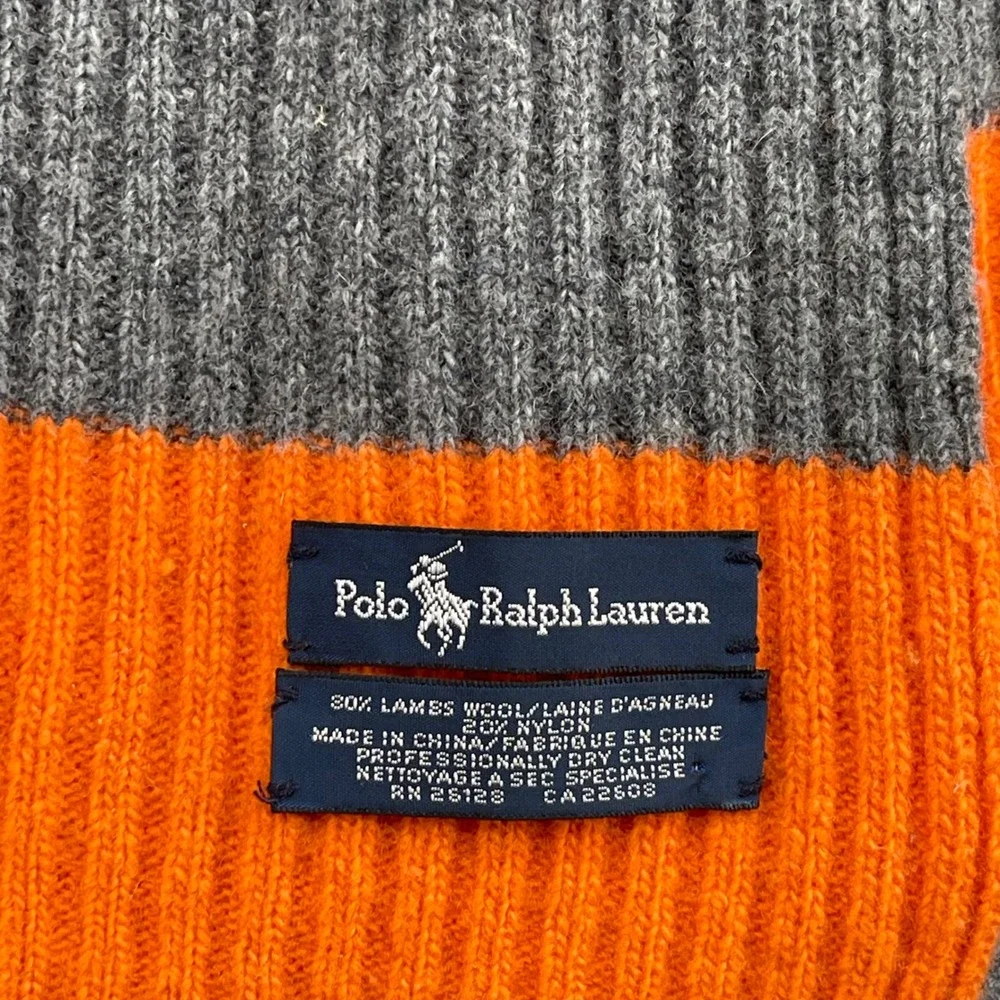 Polo Ralph Lauren Scarf Lambswool Ribbed Knit Striped Grey Orange Pony Logo